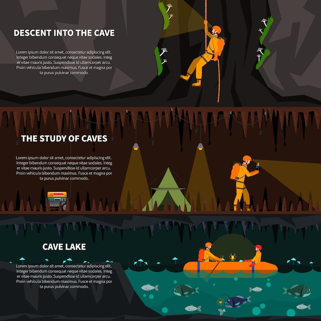 Спелеологи в пещере плоские баннеры