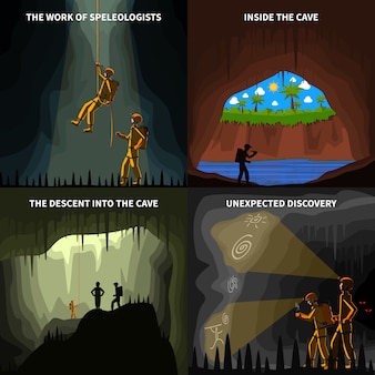 Speleologists 4 flat icons square banner