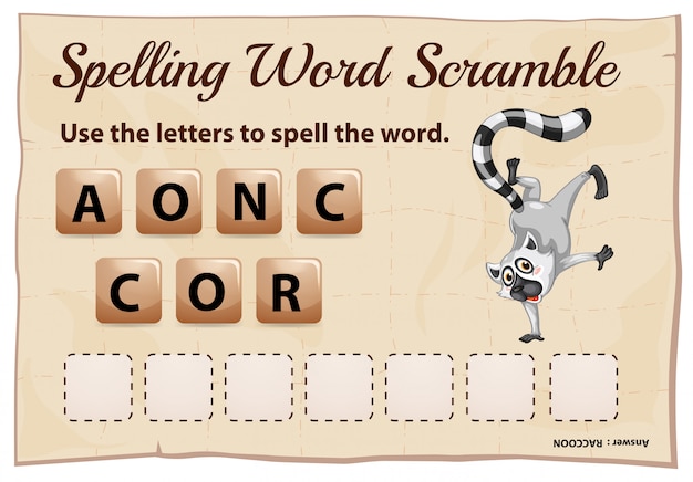 Free vector spelling scramble game template for raccoon