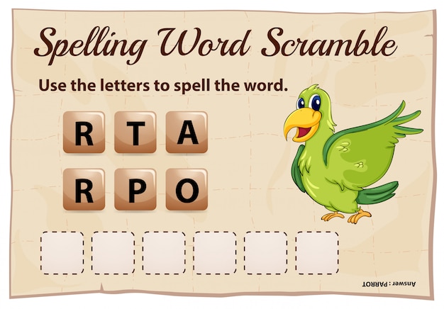 Vettore gratuito modello di gioco di parole strapazzate ortografia per pappagallo