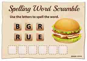 Free vector spelling word scramble game template with word hamburger