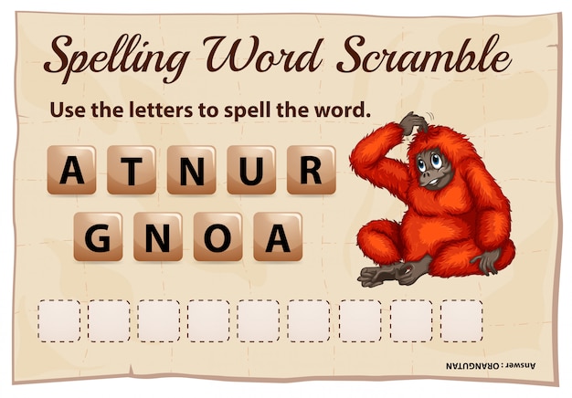 Vettore gratuito ortografia di parola scramble gioco modello con word orangutan