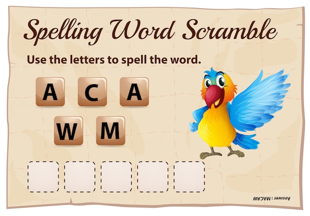 Free vector spelling word scramble game with word macaw