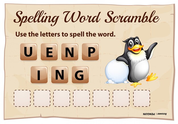 Free vector spelling word scramble game with word penguin