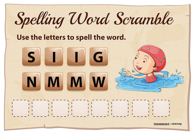 Free vector spelling word scramble game with word swimming