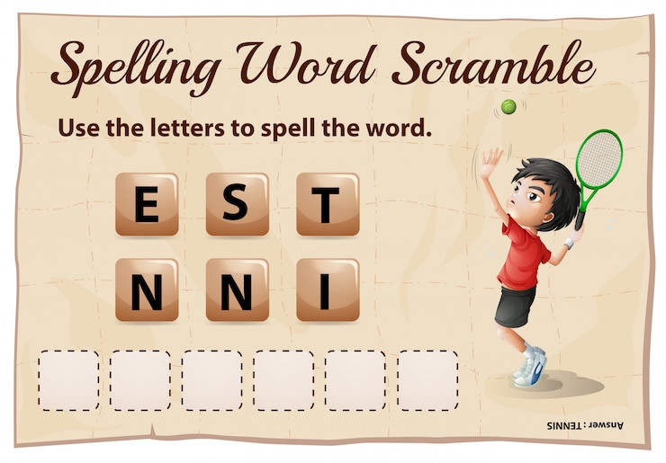 Free Vector spelling word scramble game with word tennis