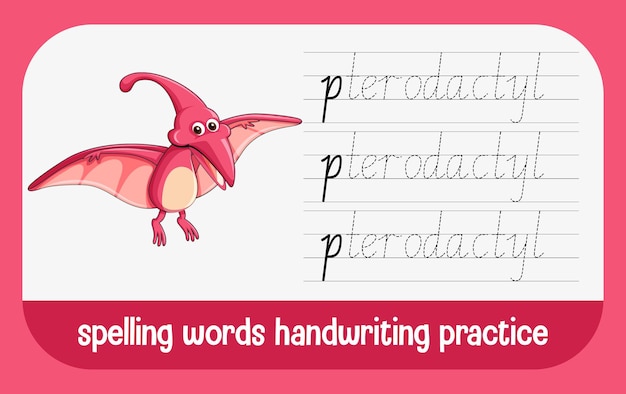 Free vector spelling words dinosaur handwriting practice worksheet