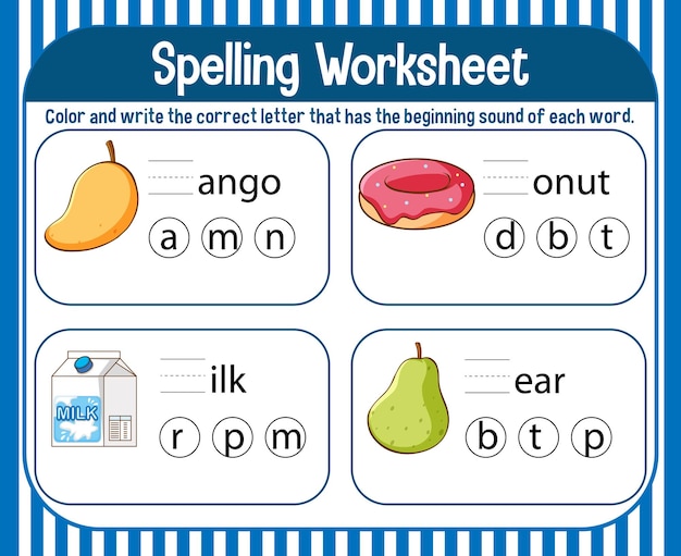 Free vector spelling worksheet template for kids