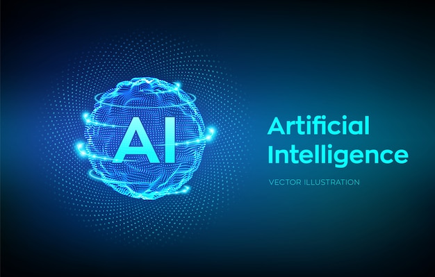 Сфера сетки волны с двоичным кодом. Логотип искусственного интеллекта AI. Концепция машинного обучения.