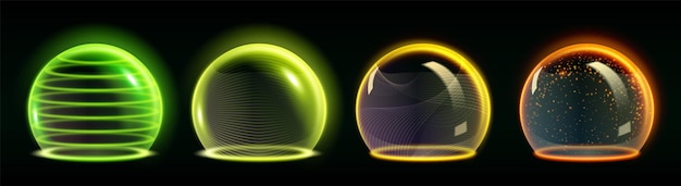 Free vector sphere protect shield with glow textured surface realistic 3d vector of neon defensive half ball with transparency effect luminous glass globe cover with force field or power energy barrier