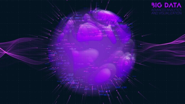 Spherical data cloud visualization 3D big data scientific processing Futuristic HUD or UI mainframe screen Technological data clusters analysis Intricate information connections