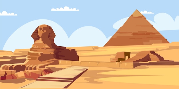 スフィンクスとピラミッドのイラスト風景観光エジプトへの旅行エジプト建築の世界は古代のランドマークを不思議に思う