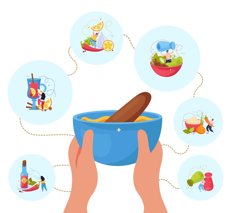Free Vector spices flat background with human hands holding bowl with food and round icons with different condiments vector illustration