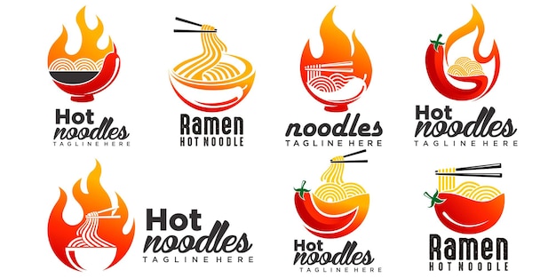 Spicy ramen noodle icon set logo design illustration with bowlchili and hot fire