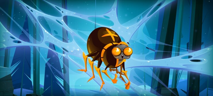 Free Vector spider hang on web in night forest funny insect