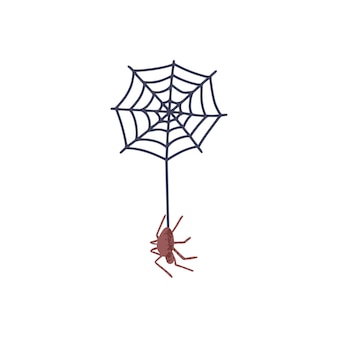 Паук висит на паутине симпатичный и жуткий паукообразный делает сеть жуткая паутина хэллоуина в стиле каракулей плоская векторная иллюстрация на белом фоне
