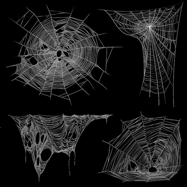 Коллекция реалистичных белых изображений на черном фоне паутины и запутанной неровной паутины