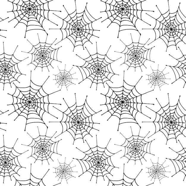 거미줄 패턴입니다. 흰색 바탕에 검은 손으로 그린 거미줄. 원활한 벡터 배경입니다. 프리미엄 벡터