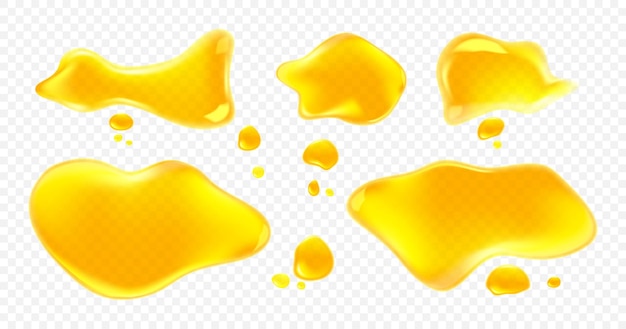 투명에 고립 된 노란색 주스 오일 또는 꿀 유출
