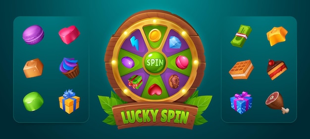 Free vector spin game user interface design element wooden lucky wheel or casino fortune roulette decorated with lights with collection of prizes icons cartoon vector illustration of gui for rotational gambling