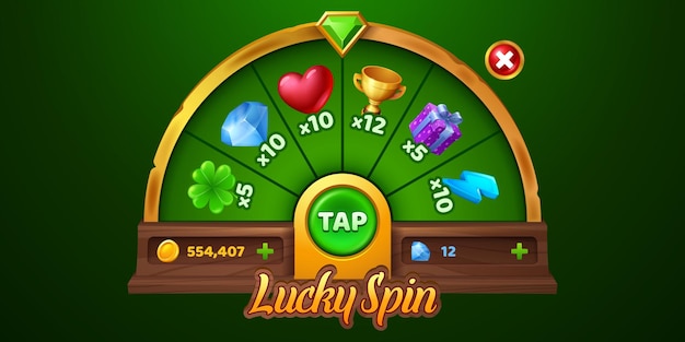 Free vector spin roulette wheel game ui with button vector illustration casino fortune lottery interface with random prize raffle bonus with rpg props resources to win with chance wooden board gambling gaming