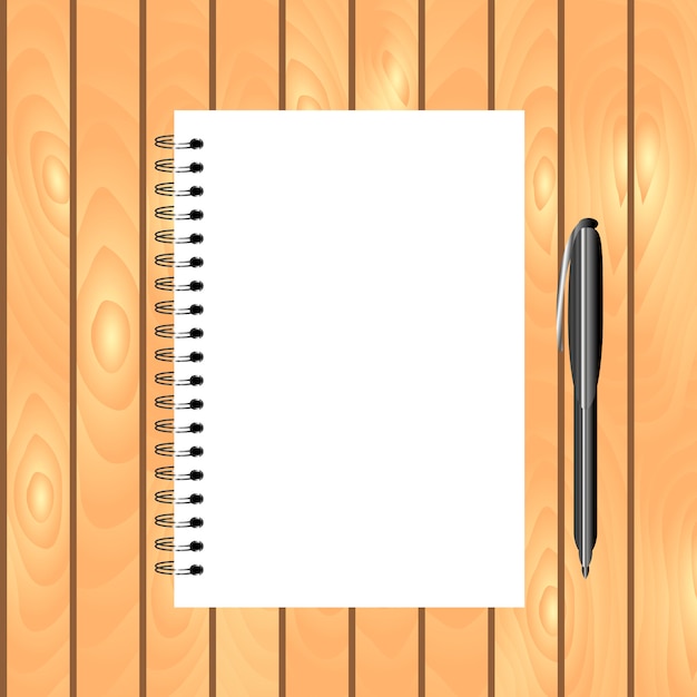 Бесплатное векторное изображение Блокнот с ручкой на светлом деревянном фоне