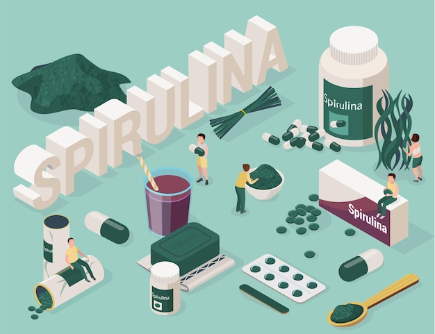 시아 노 박테리아 3d로 만든 의료 제품 이미지가 포함 된 스피루리나 아이소 메트릭 세트