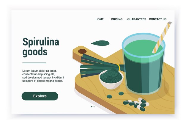 Spirulina isometric web site landing page with links and cutting board with pills and powder