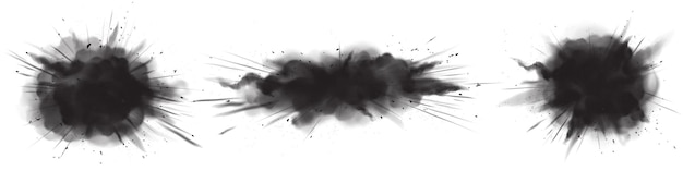 Splash of charcoal powder coal sand explosion Black sandy clouds dry grainy stains or strokes dirty smoke isolated design elements dark textured smears on white background Realistic 3d vector set