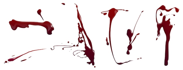 Splatters of blood red paint or ink isolated on white background Vector cartoon set of bloody splashes stains and sprays with drops Scary dirty spots of liquid drips