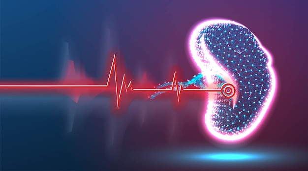 脾臓の人間の解剖学病気のポイント健康と医療の概念赤いレーザー外科医の技術抽象的な低ポリワイヤーフレームメッシュデザイン赤と青の背景ベクトルイラスト