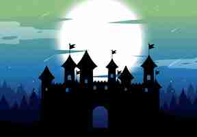 Free vector spooky castle night background with full moon