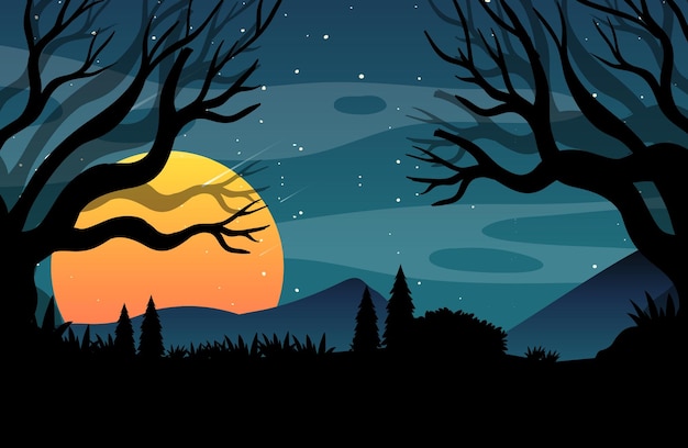 Spooky forest background with full moon