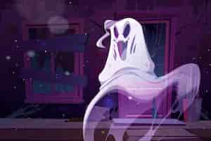 Бесплатное векторное изображение Жуткий призрак на фасаде дома с привидениями