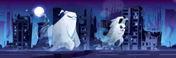 Free vector spooky ghosts in destroyed abandoned city at night