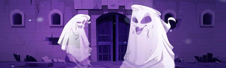 Free Vector spooky ghosts near abandoned castle gates at night
