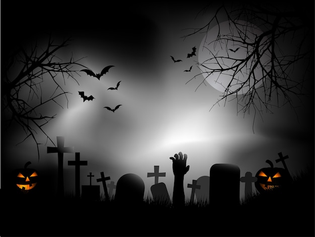 Vettore gratuito cimitero spettrale con mano di zombi che esce dal terreno