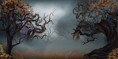 Spooky halloween autumn fantasy forest in fog realistic background illustration