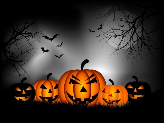 Spooky halloween background with pumpkins and bats