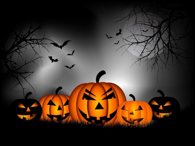 Spooky Halloween background with pumpkins and bats