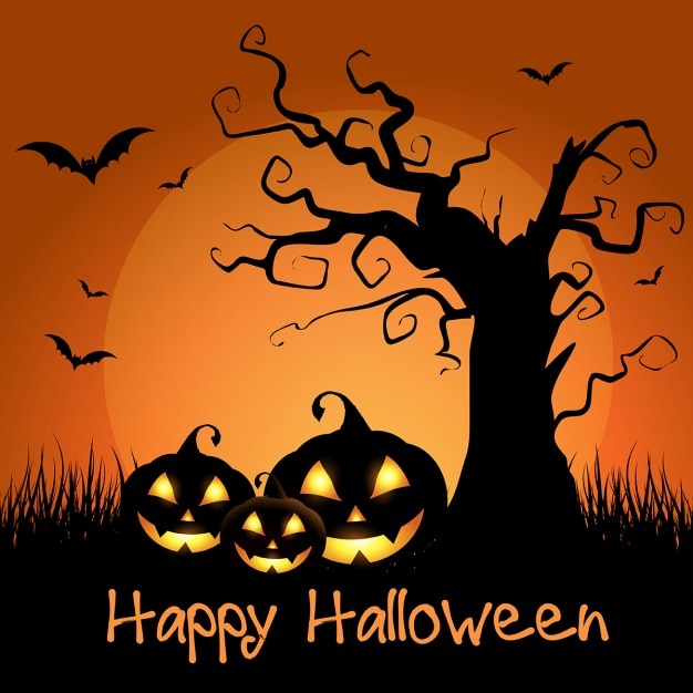 Vettore gratuito sfondo spooky halloween con albero spaventoso e zucche