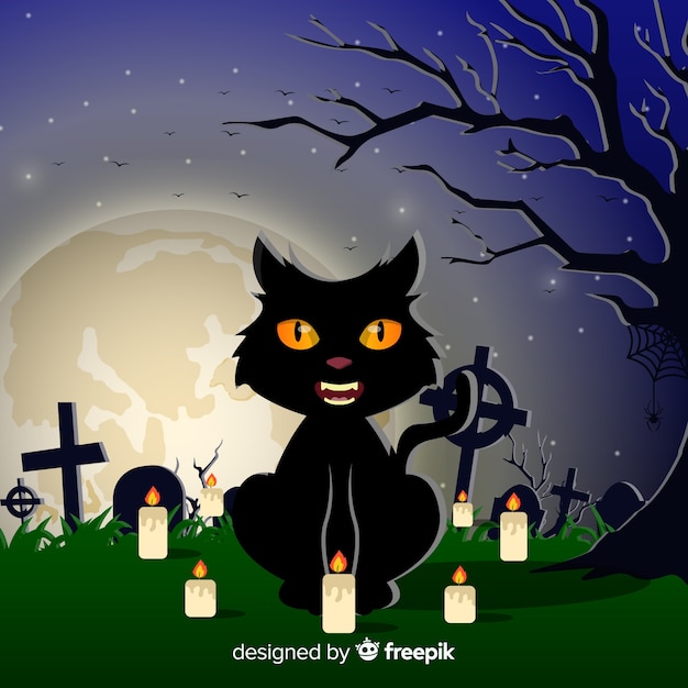 Spooky halloween cat with flat design