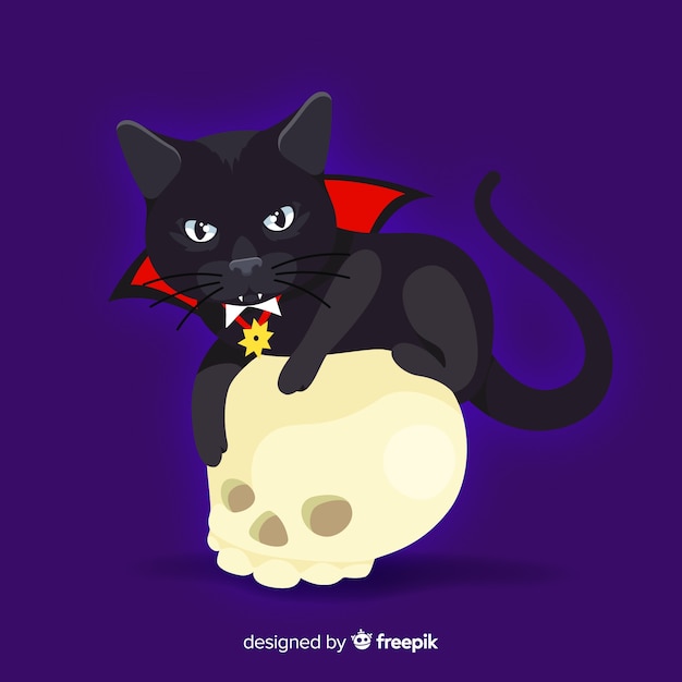 Spooky halloween cat with flat design