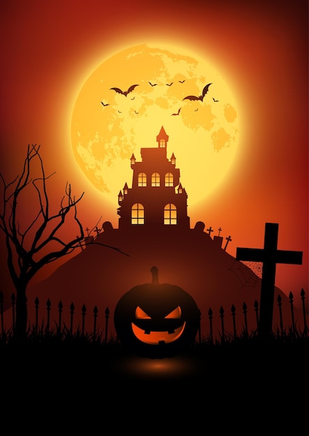 Жуткий Хэллоуин пейзаж с кладбища и летучие мыши