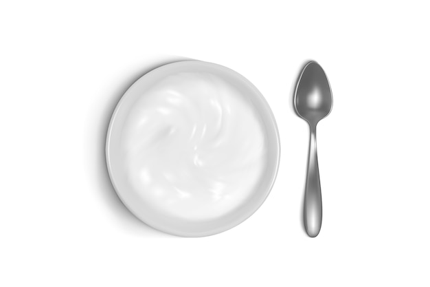 Cucchiaio e piatto illustrazione 3d di porridge, yogurt o panna acida per la colazione.