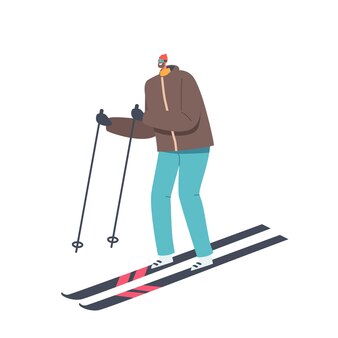 スポーツ活動、レクリエーションライフスタイル。白い背景で隔離の暖かい服、ヘルメット、サングラススキーのアスリート男。冬のシーズンに下り坂に乗るスキーヤー。漫画のベクトル図