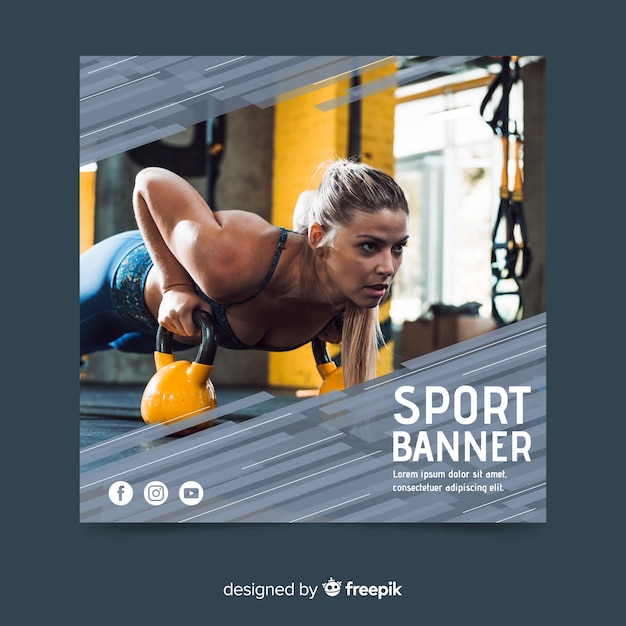 Vettore gratuito modello di banner di sport con foto