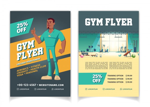 Sport club, fitness center, bodybuilding gym cartoon price off, discounts advertising flyer pages template. 