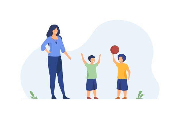 Sport coach standing at kids playing ball. Teacher, trainer, instructor flat vector illustration. Physical education, basketball, school activity 