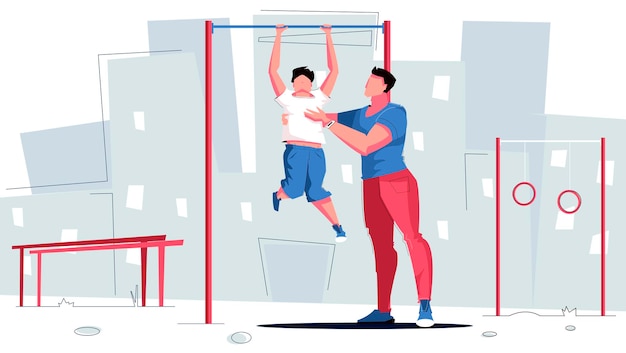 Free vector sport dad holding son and practicing exercises